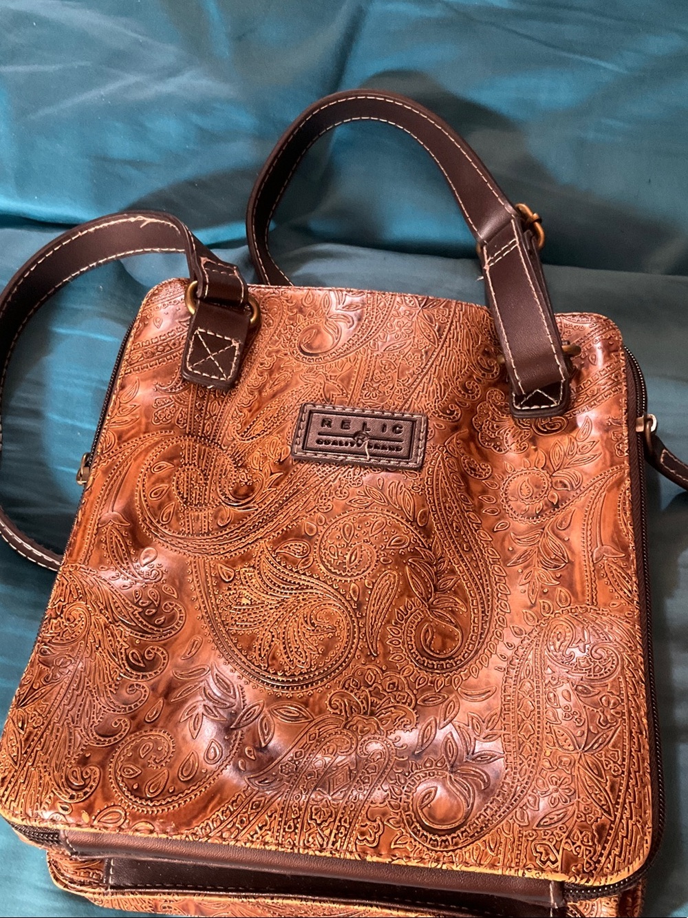 RELIC Embossed Tan Paisley Leather Shoulder Bag
